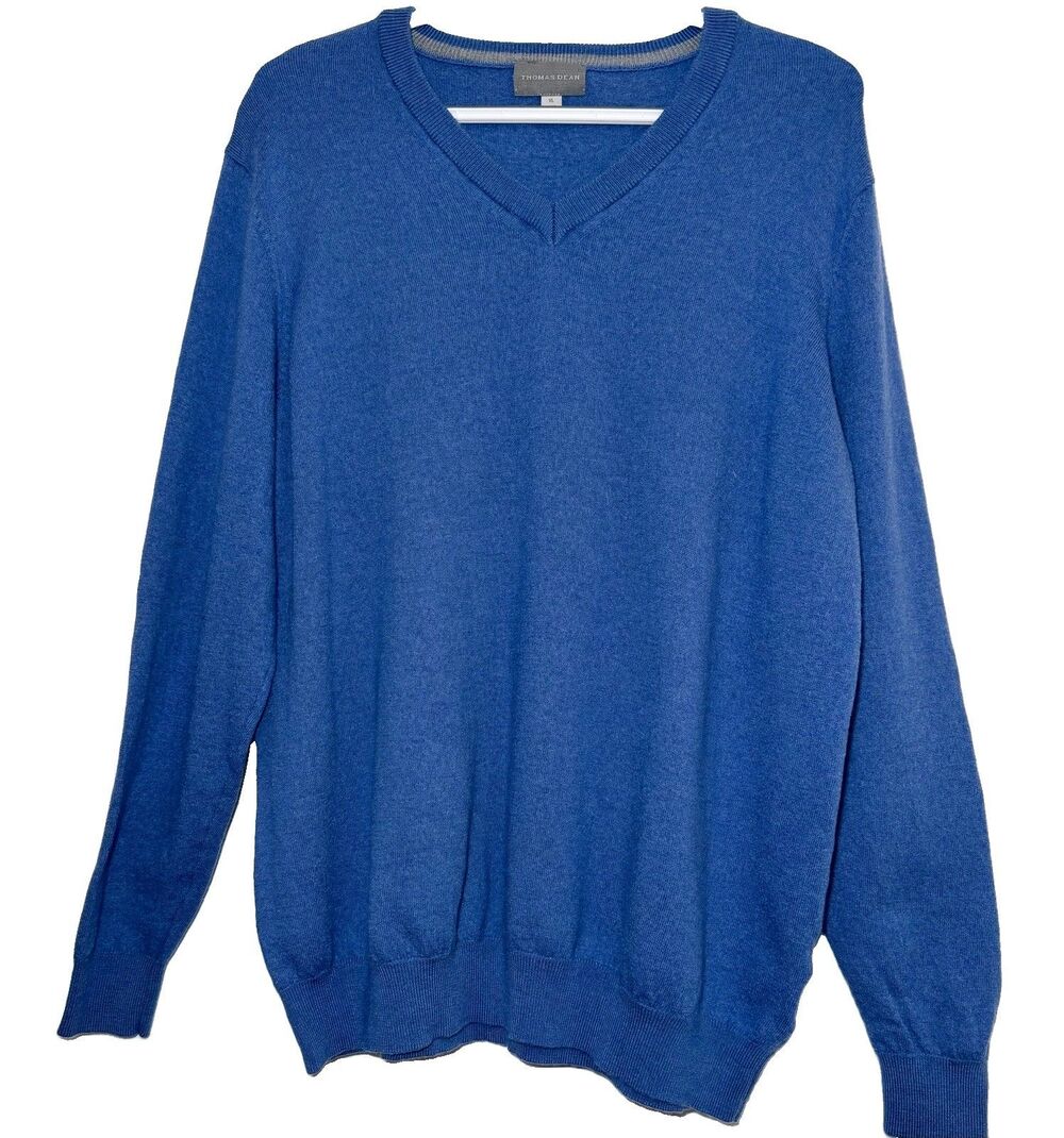 Thomas Dean Men’s XL Blue 100% Extra Fine Merino Wool V Neck Sweater